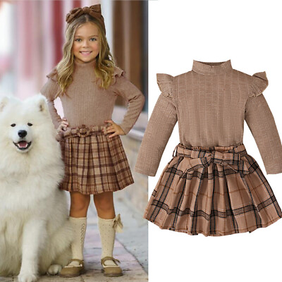 #ad 2pcs girl long sleeve medium neck solid color topplaid skirt children#x27;s outfits $16.14