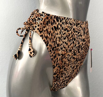Victorias Secret Leopard Smocked High Waist Lace Up Cheeky Swim Bikini Bottom $24.99