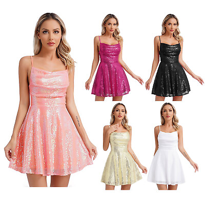 #ad Womens Glittery Sequin Lace up Back Cocktail Dress Spaghetti Straps Mini Dresses $21.39