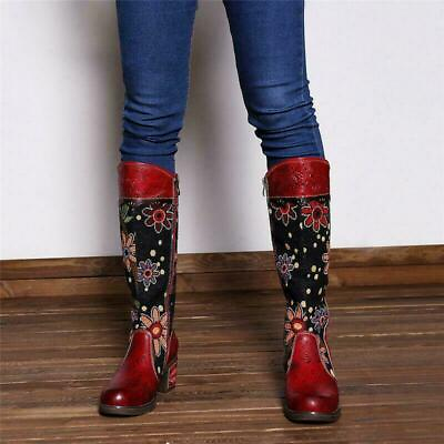 #ad Women Flower Splicing Genuine Leather Knee High Boots Cowboy Zip Boho Boots $95.69