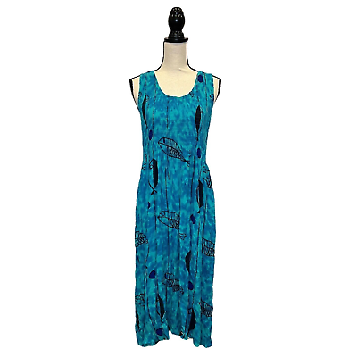 #ad Kaktus Tropical Beach Midi Boho Dress Size XL Blue Tie Dye Fish Design $25.06
