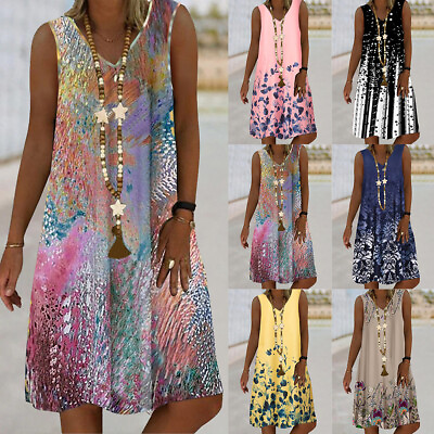 #ad Womens Boho Floral V Neck Smock Dress Ladies Summer Sleeveless Loose Sundress US $19.49