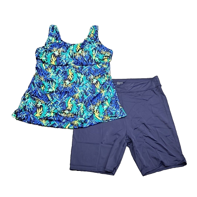#ad Denim Co Beach Modern Printed Tankini w Bike Shorts 18W Plus Size Navy Swimsuit $29.91