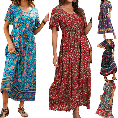 Women#x27;s Boho V Neck Floral Maxi Dress Ladies Summer Casual Short Sleeve Sundress $18.61