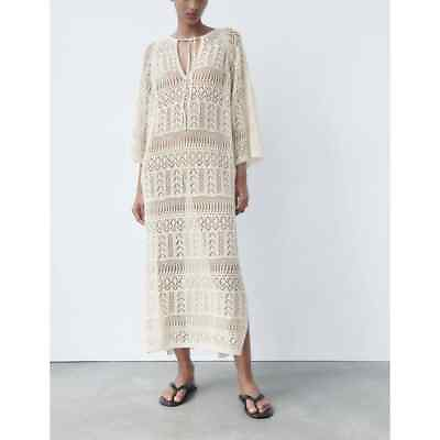 #ad ZARA Crochet Maxi Dress Sheer Open Knit Long Sleeve Beach Cover Up Dress Cream $55.99