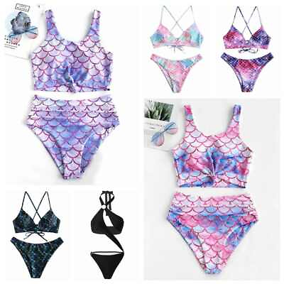Women Fashion Mermaid Print Crop Top Bra Swimsuit High Waisted Bikini Swimwear $14.95