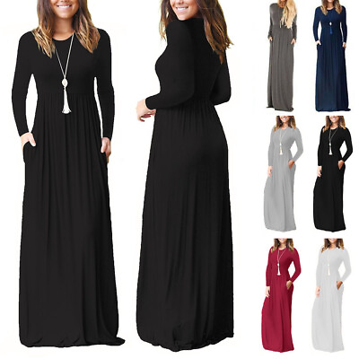 #ad Women Long Sleeve Dress T shirt Dress With Pockets Solid Casual Baggy Maxi Dress $19.90