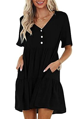 #ad Rilista Womens Summer Dresses Button V Neck Short Sleeve Casual Ruffle Hem Flowy $6.99
