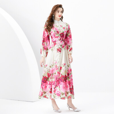#ad New Spring Fall Floral Print Mock Neck Belt Long Puff Sleeve Women Party Dresses $31.99