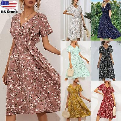 #ad Womens Floral Boho V Neck Midi Dress Summer Ladies Holiday Short Sleeve Sundress $19.49