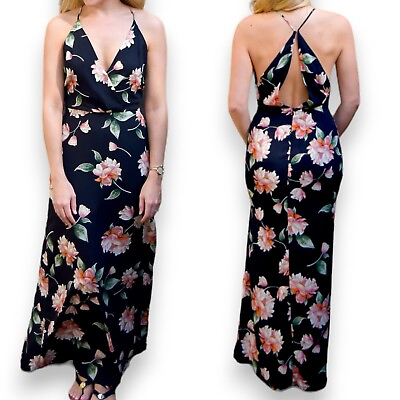 #ad Lush Maxi Dress Black Floral Flowy Side Slit Boho Womens XS $17.68