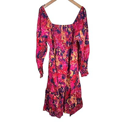 Terra amp; Sky Smocked Peasant Dress Long Sleeve Pink Abstract Boho Women#x27;s 1X $18.74