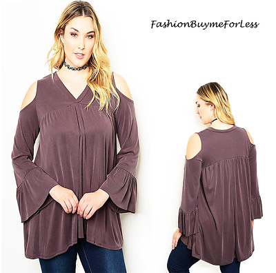 PLUS BOHO Brown Open Shoulder Long Bell Sleeve Tunic Peasant Top 1X 2X 3X 4X NEW $33.11