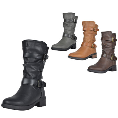 Womens Ladies Buckle Zipper Mid Calf Low Heel Round Toe Flat Boots Shoes Size US $19.99