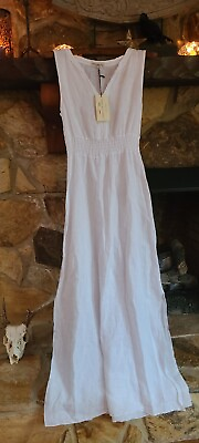 #ad NWT Terzo Millenio White Linen Boho Maxi Dress Italy Sz M Sleeveless Side Slit $44.99
