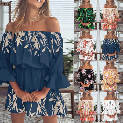 #ad Women Floral Boho Mini Dress Ladies Summer Holiday Beach Off Shoulder Sundress‹ $14.19