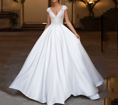 #ad Sexy V Neck Wedding Dress Cap Sleeve Satin Applique A Line Boho Bride Gown Train $142.00