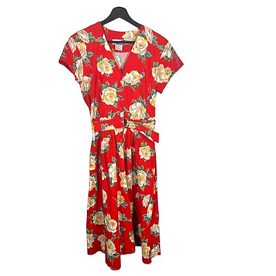 #ad Vintage 90s Red Floral Button Up Short Sleeve Midi Dress XL $47.00