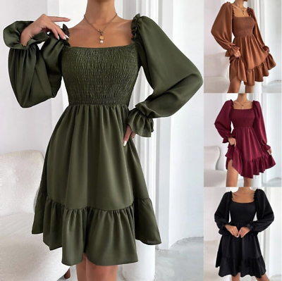 #ad Womens Ruffle Long Sleeve Midi Dress Ladies Party Cocktail Ball Gown Dresses $24.99