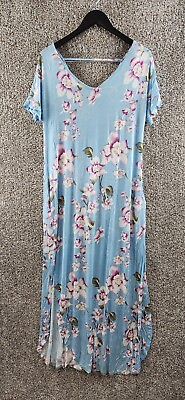 #ad Blue Floral Maxi Dress Short Sleeve with Pockets Blue Pink Floral Women#x27;s Size L $14.99