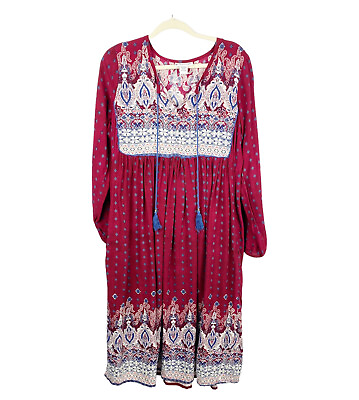 #ad Expressions Womens Boho Maxi Dress Long Sleeve Tassels Split Neck Red Size Large $24.49
