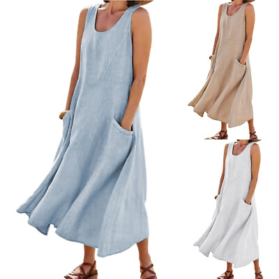 Ladies Casual Soft Cotton Linen Dress Holiday Solid Long Sleeveless Maxi Dresses $21.00