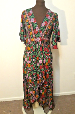 Rayon Wrap Around Dress Beach Cover up Floral Short Sleeve Ruffle One Size $16.00