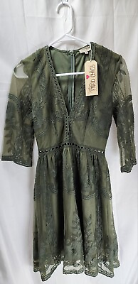 #ad NWT Southern Fried Chics Lettie Olive Lace Boho Dress Sheer Women#x27;s Small $50.00