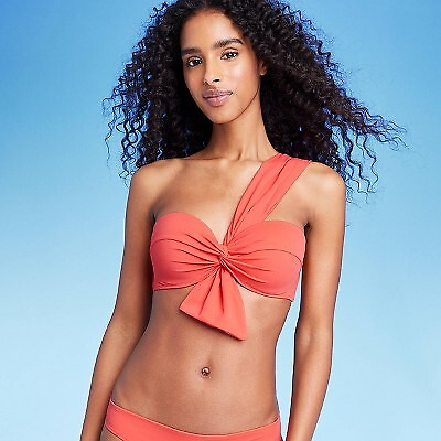 Women#x27;s Lightly Lined One Shoulder Twist Front Bow Tail Bikini Top Shade amp; $7.99