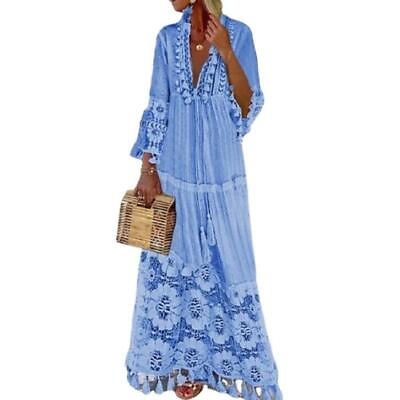 Ladies Boho Maxi Dress 3 4 Sleeve Floral Gypsy Bohemian Hippie Lace Ethnic Dress $35.09