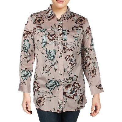 Ralph Lauren Top 3X Womens Plus Cotton Floral Print Button Up Long Sleeve Shirt $36.99
