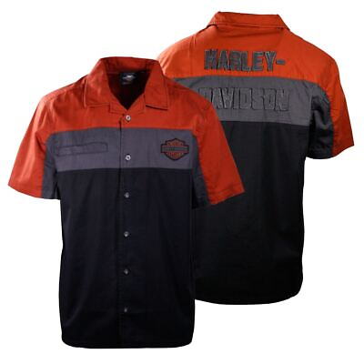 Harley Davidson Men#x27;s 3 Tone Red Grey Black Color Block S S Woven Shirt $38.50