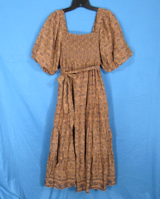 #ad A LOVES A Brown FLORAL Twill PUFF SLEEVE Smocked TIE BELT Tiered MAXI DRESS XS $37.50