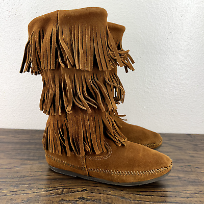 #ad Minnetonka Womens Boots Size 8 Brown Suede Fringe Tall Moc Pull On $48.22