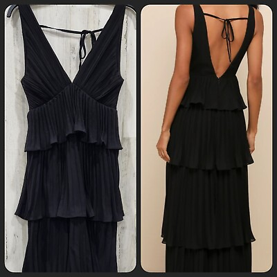 #ad LULUS Size MEDIUM Mesmerizing Essence Black Pleated Backless Tiered Maxi Dress $61.75