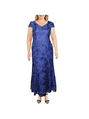 #ad ALEX EVENINGS Womens Blue Stretch Cap Sleeve Maxi Formal Dress Petites 8P $33.99