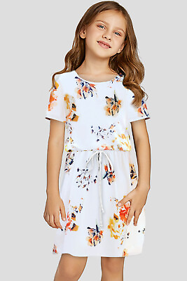 #ad Girls quot;Squot; quot;Mquot; quot;Lquot; White Floral Print Drawstring Short Sleeve Girl#x27;s Mini Dress $10.95