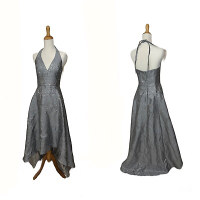 #ad Halston Heritage Jacquard Halter Cocktail Dress Silver Floral Hi Low Sz 2 NWT $50.00