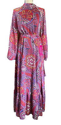 #ad Tahari Arthur Levine Womens 8 Midi Dress Paisley Belted Long Sleeve Boho Dress $58.00