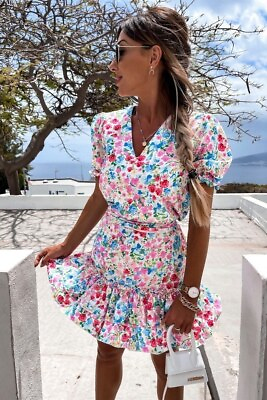 #ad Womens Boho Floral Short Sleeve V Neck Mini Dress Casual Party Summer Sundress $34.00