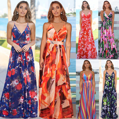 #ad Women Floral Sexy Backless Evening Party Beach Long Maxi Dresses Boho Sundress $29.99