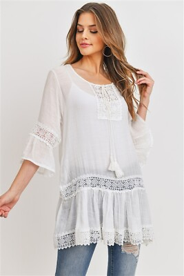 White Boho Tunic Top One Size Fits Most Small Medium Large Lace Accent $24.95