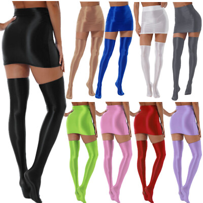 #ad US Womens Shiny Bodycon Mini Skirts Thigh High Stockings Nightclub Dance Skirt $4.46