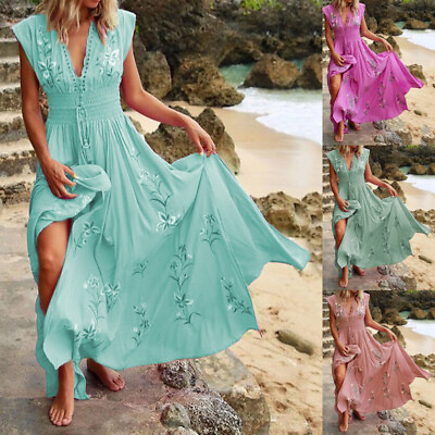#ad Women Floral Long Dress Boho Dresses Sleeveless Tunic Ladies $24.98