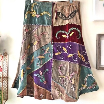 #ad #ad Velvet Kathmandu Patchwork Embroidered Bohemian Midi Skirt Made in Nepal $55.00