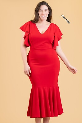 #ad Plus Size Formal Dress Ruffle Sleeve V Neck Red Maxi Dress $32.00