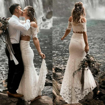 Two Piece Lace Boho Beach Wedding Dresses Bridal Gowns Off The Shoulder Garden $129.99
