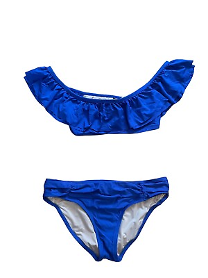 #ad J. Crew Ruffle Blue Bikini Swimsuit Set Size Small 2 Piece Retro Full Back $18.70