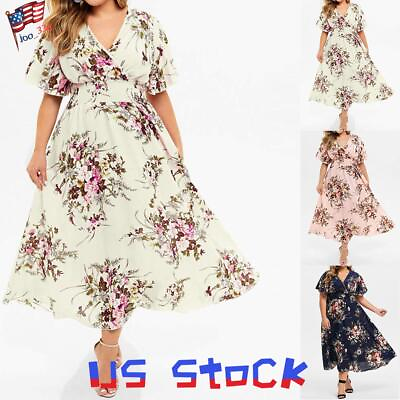 #ad Plus Size Women#x27;s V Neck Sexy Floral Boho Midi Dress Lady Summer Beach Sundress $21.59