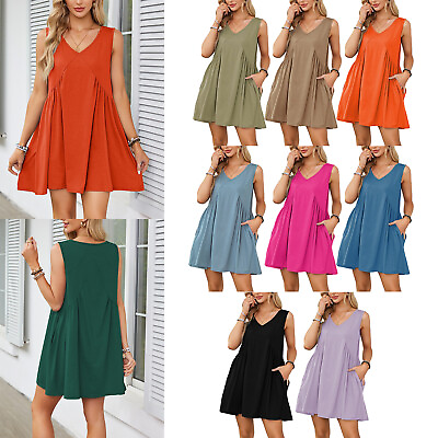 #ad Womens Cover Up Ruffled Dress Shirt Sundress Party Dresses With Pocket Tank $21.99